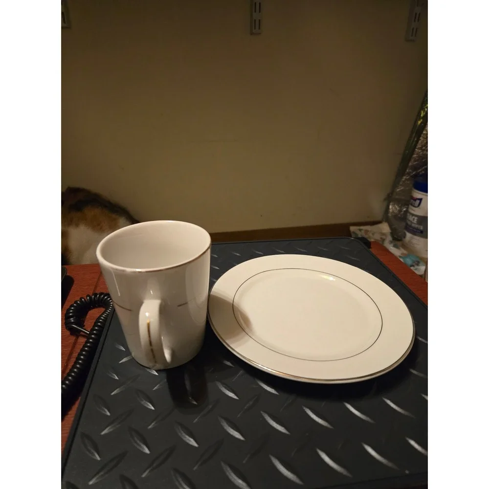 Gibson‎ Everyday White Ceramic Coffee Mug and Saucer Set Gold Rim Accent China